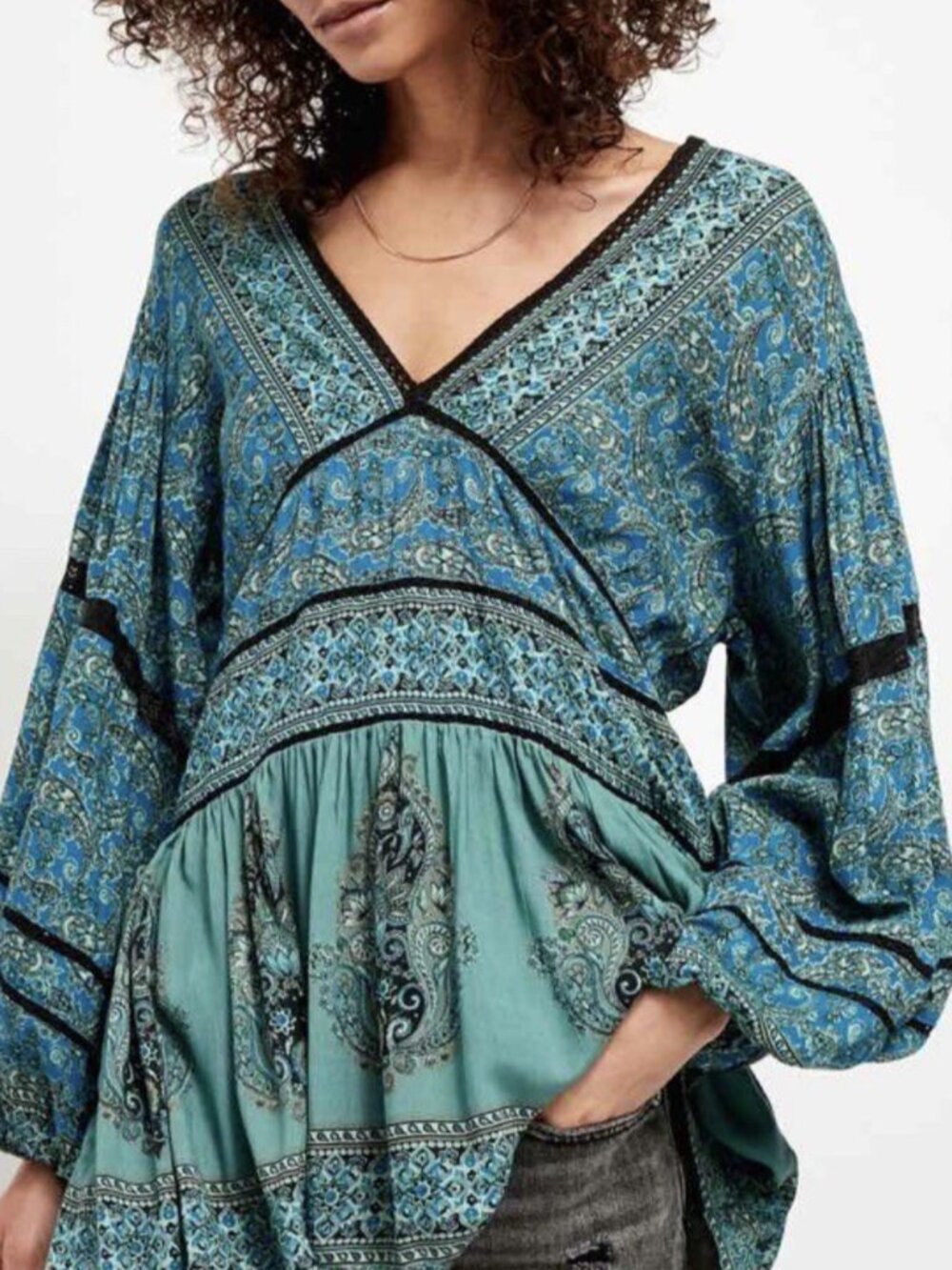 FREE PEOPLE Size Large Blue/Green Luna Tunic Top